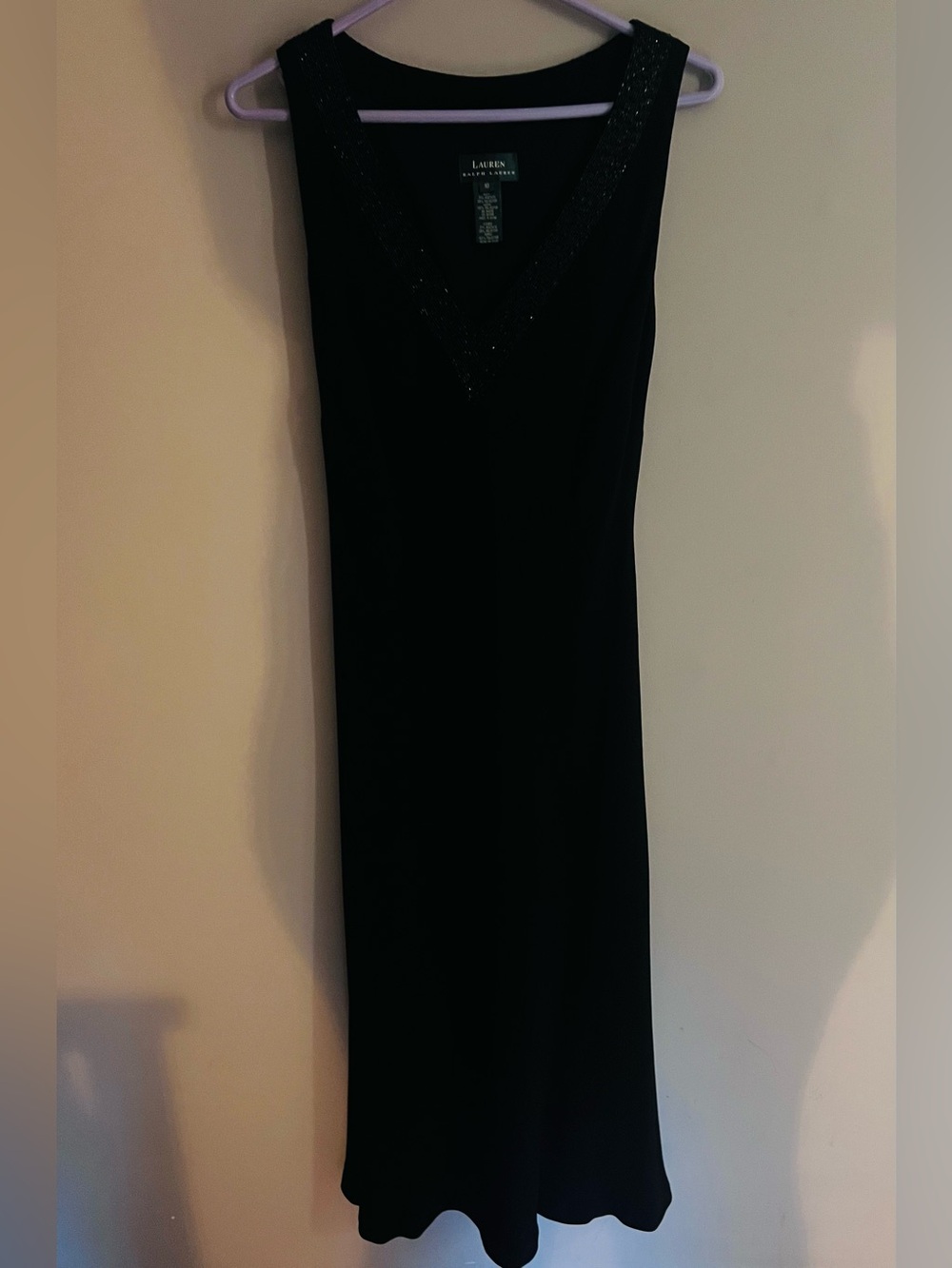 Ralph Lauren Black Sleeveless V-Neck Evening Dress with Sparkle Trim